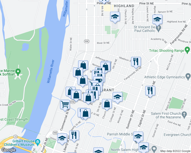 map of restaurants, bars, coffee shops, grocery stores, and more near 1466 4th Street Northeast in Salem