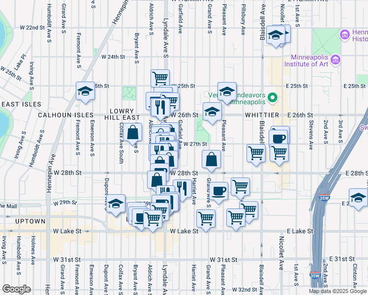 map of restaurants, bars, coffee shops, grocery stores, and more near 519 West 27th Street in Minneapolis