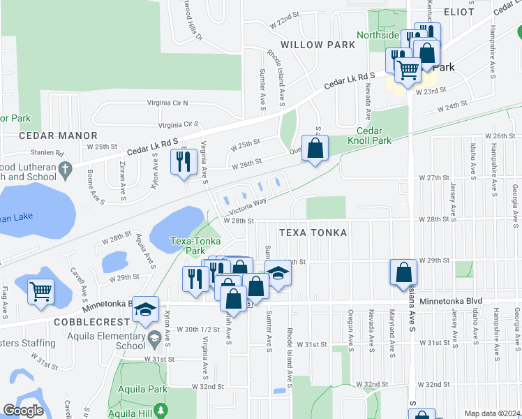 map of restaurants, bars, coffee shops, grocery stores, and more near 7900 West 28th Street in Minneapolis