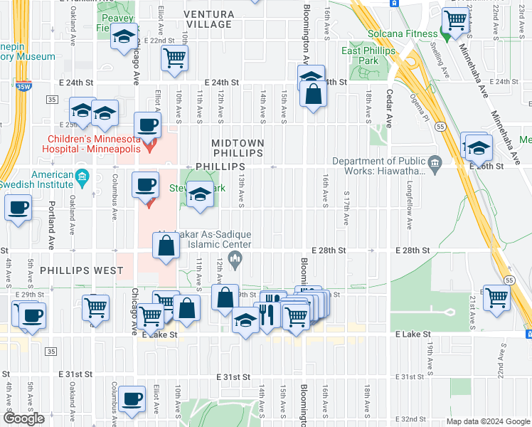 map of restaurants, bars, coffee shops, grocery stores, and more near 2703 14th Avenue South in Minneapolis