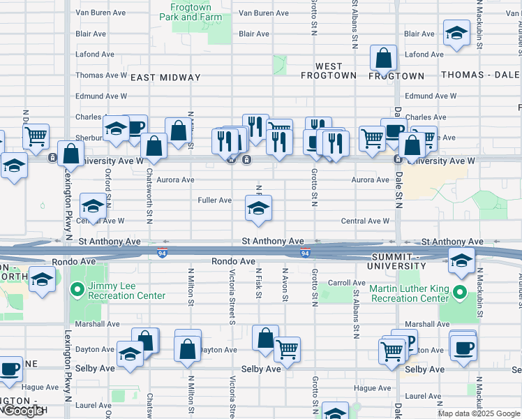 map of restaurants, bars, coffee shops, grocery stores, and more near 818 North Fisk Street in Saint Paul
