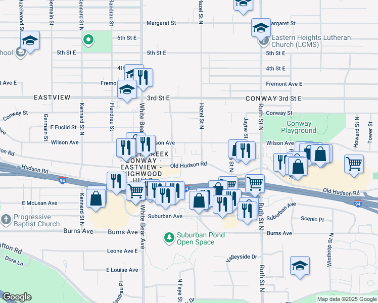 map of restaurants, bars, coffee shops, grocery stores, and more near 1873 Garden Way in Saint Paul
