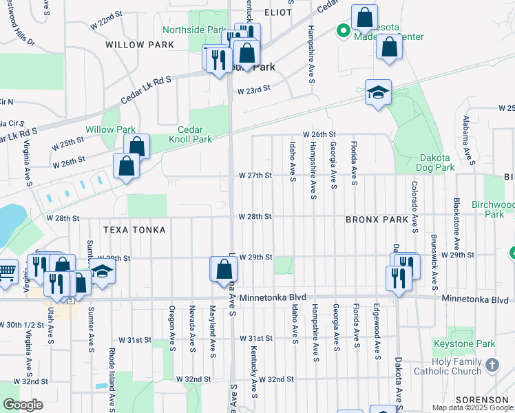 map of restaurants, bars, coffee shops, grocery stores, and more near 2747 Kentucky Avenue South in Minneapolis