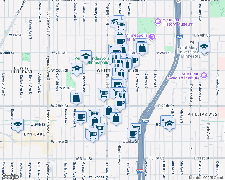 map of restaurants, bars, coffee shops, grocery stores, and more near 19 West 27th Street in Minneapolis