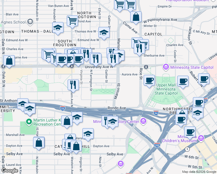 map of restaurants, bars, coffee shops, grocery stores, and more near 250 West Fuller Avenue in Saint Paul