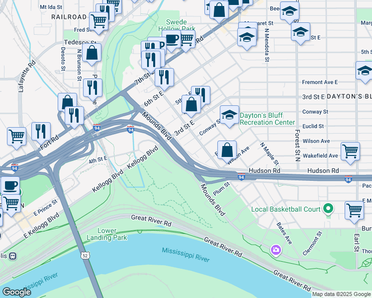 map of restaurants, bars, coffee shops, grocery stores, and more near 652 Conway Street in Saint Paul