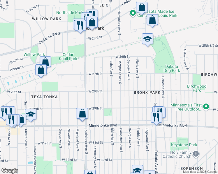 map of restaurants, bars, coffee shops, grocery stores, and more near 2744 Idaho Avenue South in Minneapolis