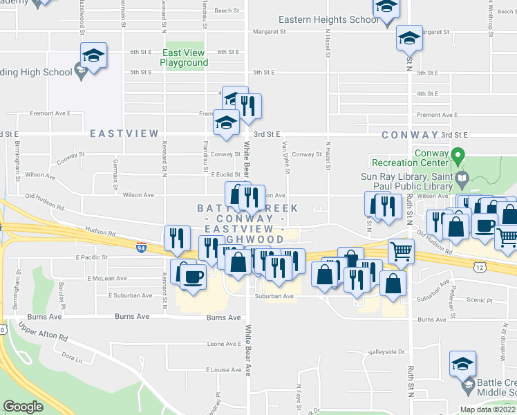 map of restaurants, bars, coffee shops, grocery stores, and more near 400 White Bear Avenue in Saint Paul