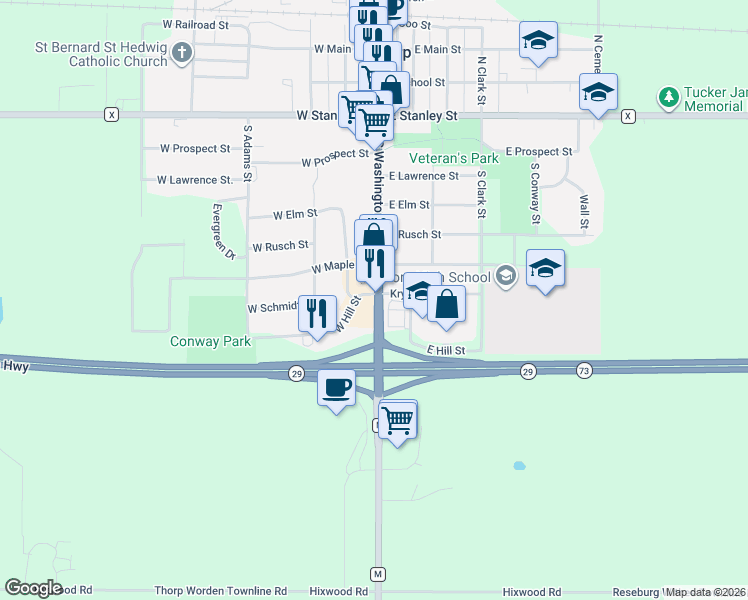 map of restaurants, bars, coffee shops, grocery stores, and more near 101 W Hill St in Thorp