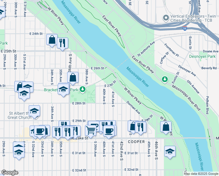 map of restaurants, bars, coffee shops, grocery stores, and more near 4013 East 27th Street in Minneapolis