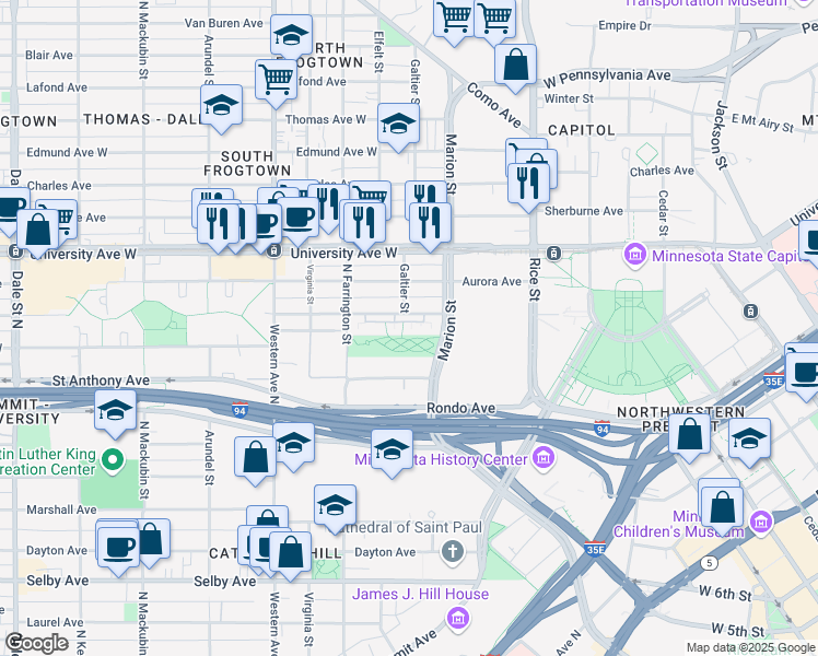 map of restaurants, bars, coffee shops, grocery stores, and more near 250 West Fuller Avenue in Saint Paul