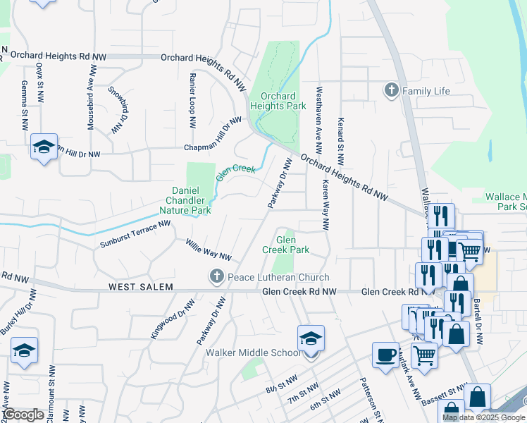 map of restaurants, bars, coffee shops, grocery stores, and more near 1425 Larkspur Lane Northwest in Salem