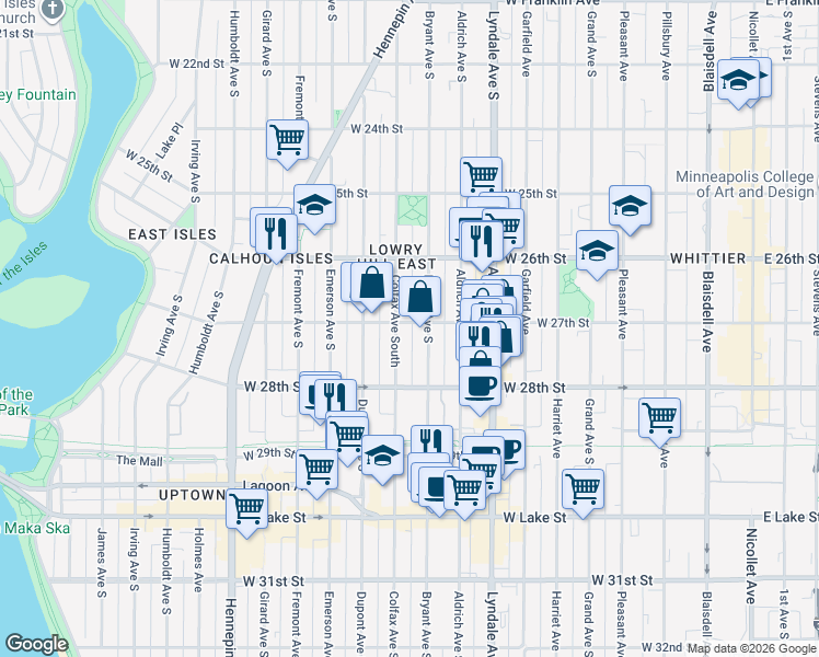 map of restaurants, bars, coffee shops, grocery stores, and more near 2704 Bryant Avenue South in Minneapolis