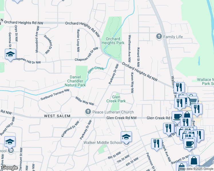map of restaurants, bars, coffee shops, grocery stores, and more near 1425 Larkspur Lane Northwest in Salem