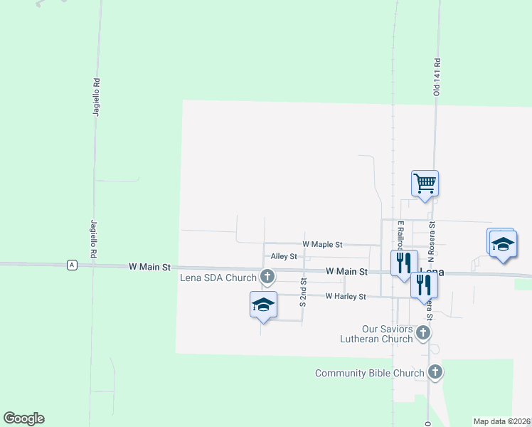 map of restaurants, bars, coffee shops, grocery stores, and more near 205 North 3rd Street in Lena