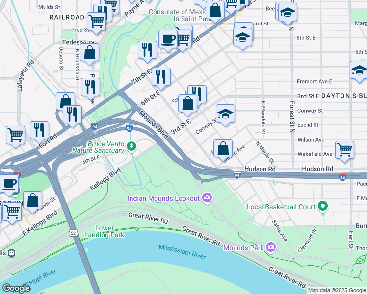 map of restaurants, bars, coffee shops, grocery stores, and more near 652 Conway Street in Saint Paul