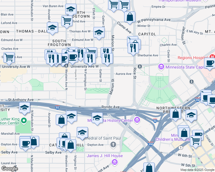 map of restaurants, bars, coffee shops, grocery stores, and more near in Saint Paul