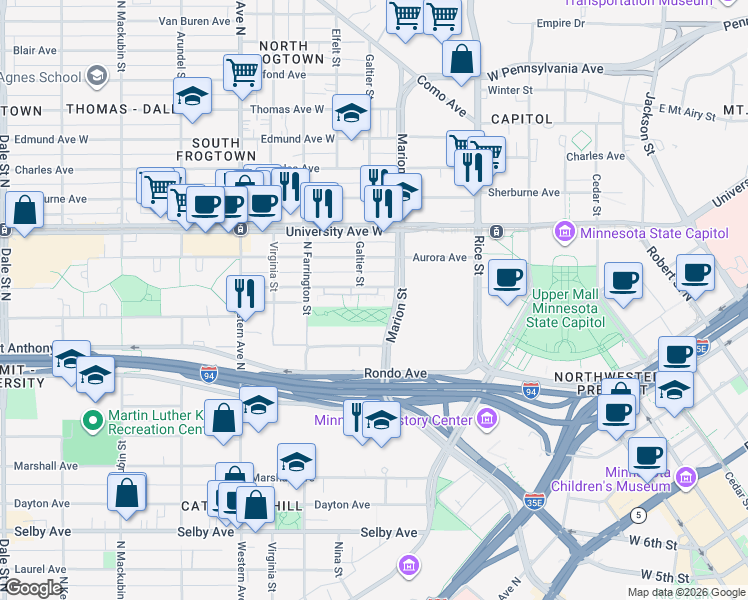 map of restaurants, bars, coffee shops, grocery stores, and more near 250 West Fuller Avenue in Saint Paul