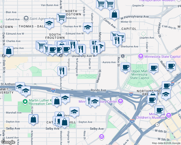 map of restaurants, bars, coffee shops, grocery stores, and more near 250 West Fuller Avenue in Saint Paul