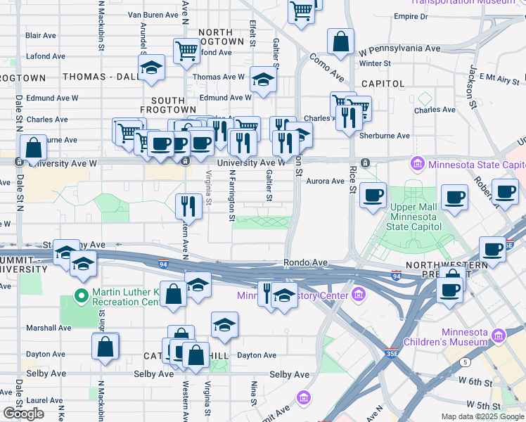 map of restaurants, bars, coffee shops, grocery stores, and more near 250 West Fuller Avenue in Saint Paul