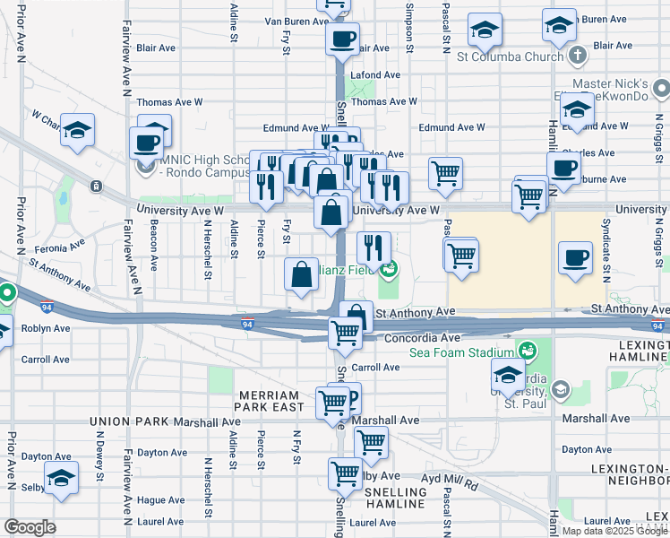 map of restaurants, bars, coffee shops, grocery stores, and more near 420 North Roy Street in Saint Paul