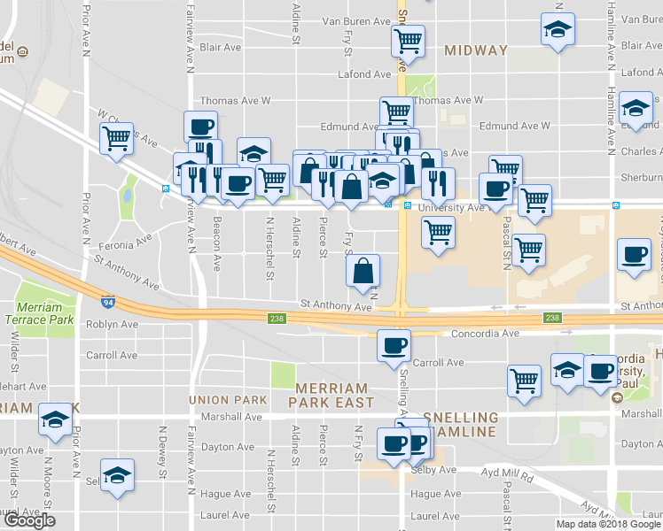 map of restaurants, bars, coffee shops, grocery stores, and more near 412 Pierce Street in Saint Paul