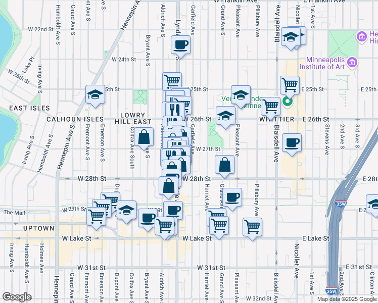 map of restaurants, bars, coffee shops, grocery stores, and more near 519 West 27th Street in Minneapolis