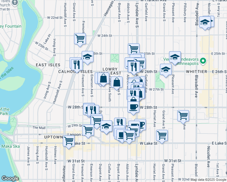 map of restaurants, bars, coffee shops, grocery stores, and more near 2704 Bryant Avenue South in Minneapolis