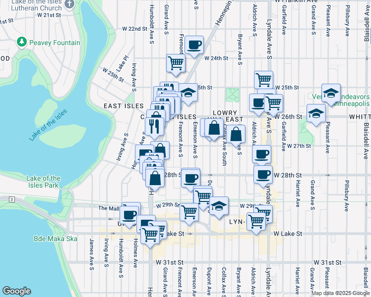 map of restaurants, bars, coffee shops, grocery stores, and more near in Minneapolis