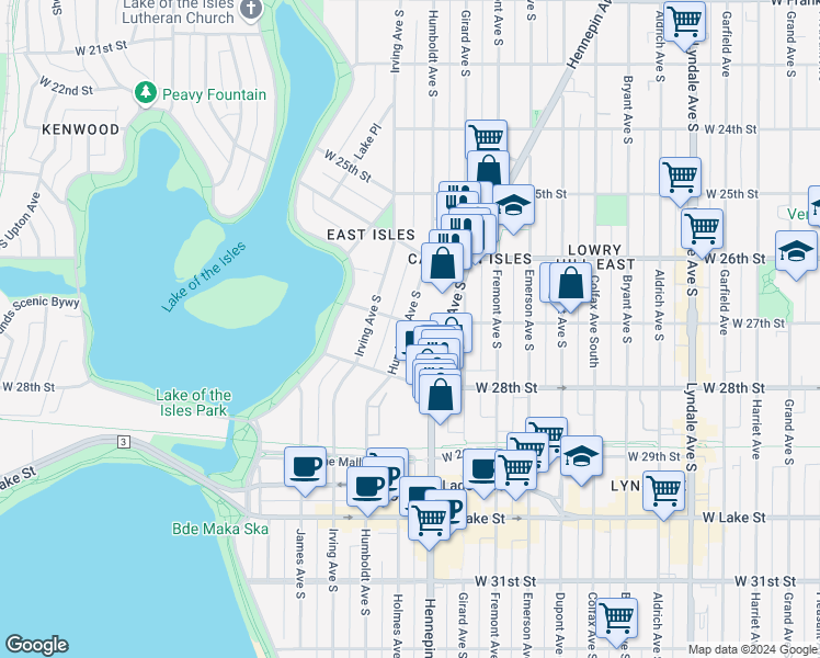 map of restaurants, bars, coffee shops, grocery stores, and more near 1419 West 27th Street in Minneapolis