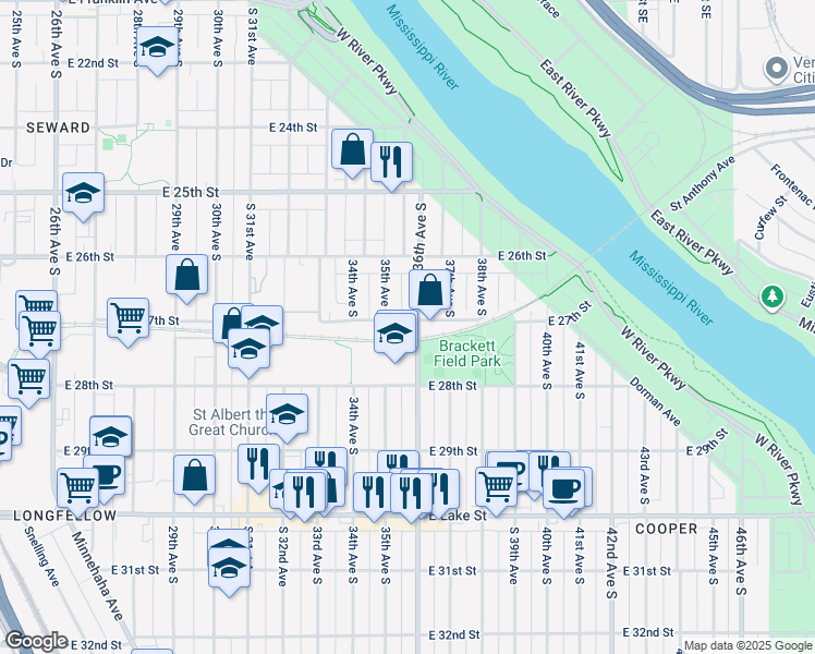 map of restaurants, bars, coffee shops, grocery stores, and more near 3525 East 27th Street in Minneapolis