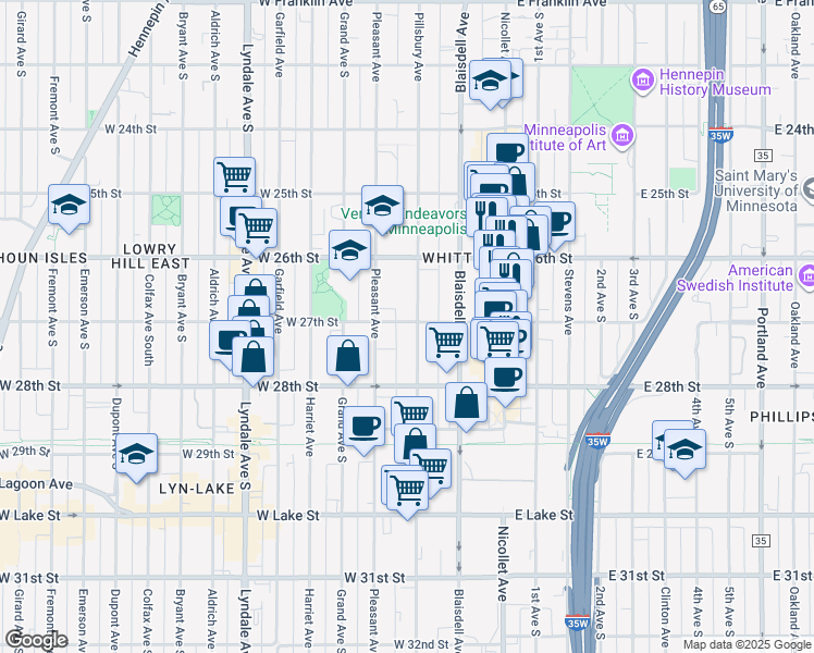 map of restaurants, bars, coffee shops, grocery stores, and more near 2700 Pillsbury Avenue in Minneapolis