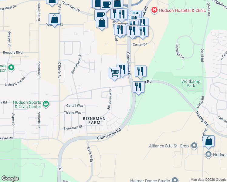 map of restaurants, bars, coffee shops, grocery stores, and more near 2401 Monetary Boulevard in Hudson