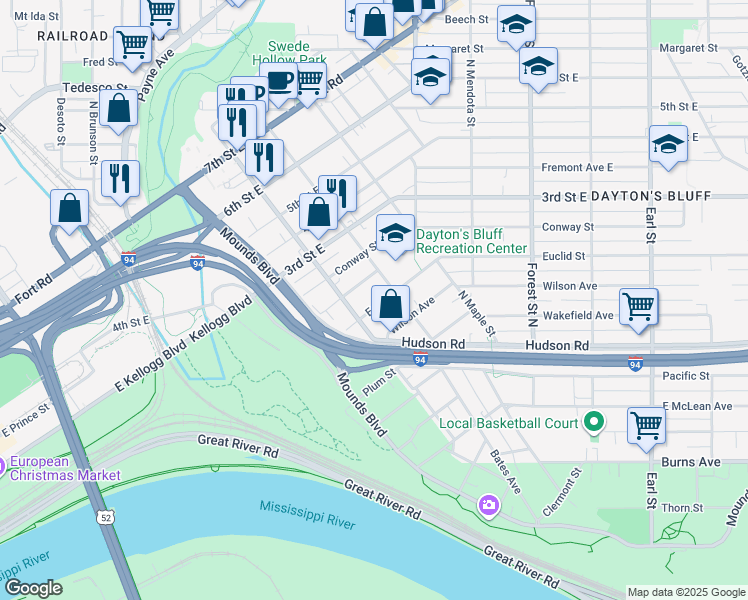 map of restaurants, bars, coffee shops, grocery stores, and more near 695 Euclid Street in Saint Paul