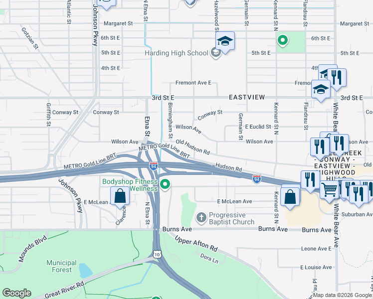 map of restaurants, bars, coffee shops, grocery stores, and more near 1488 Old Hudson Road in Saint Paul