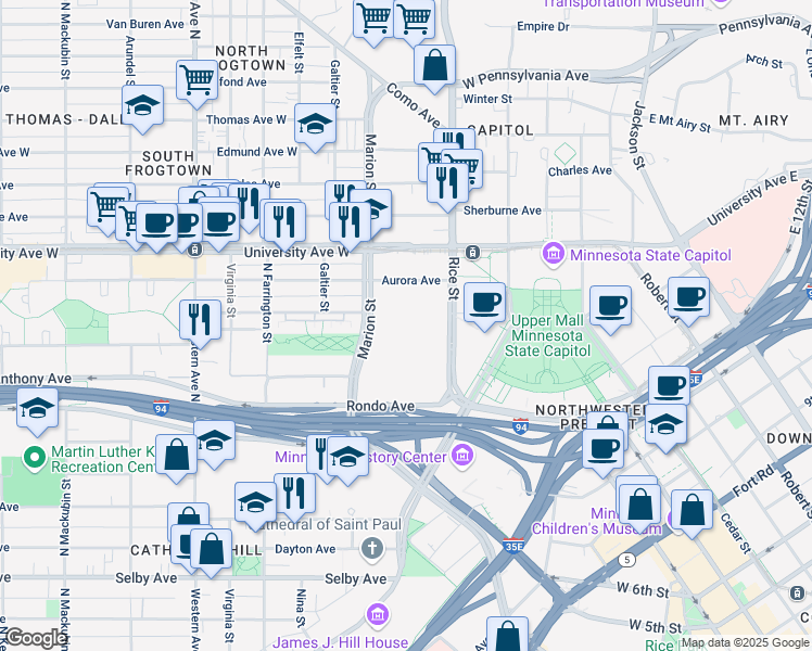 map of restaurants, bars, coffee shops, grocery stores, and more near 425 Rice Street in Saint Paul