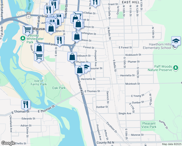 map of restaurants, bars, coffee shops, grocery stores, and more near 418 Prospect Avenue in Wausau