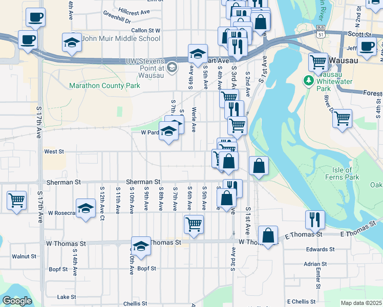 map of restaurants, bars, coffee shops, grocery stores, and more near 519 West Street in Wausau