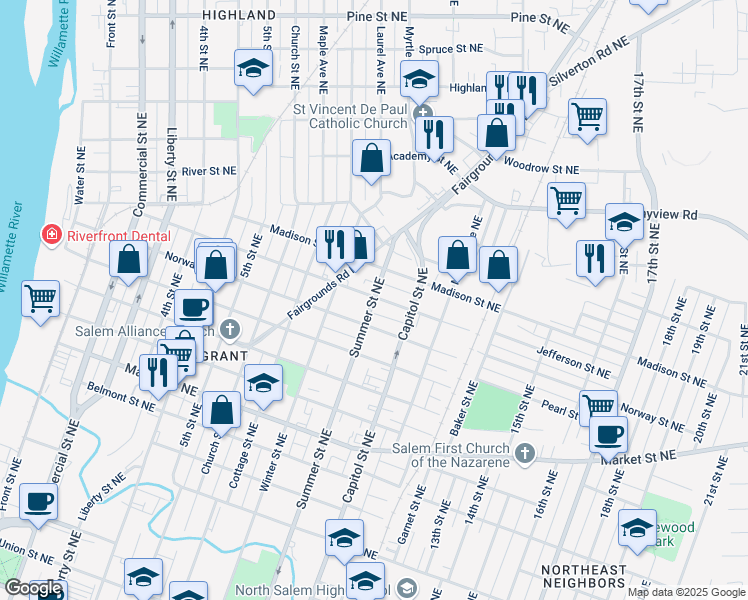 map of restaurants, bars, coffee shops, grocery stores, and more near 1690 Summer Street Northeast in Salem