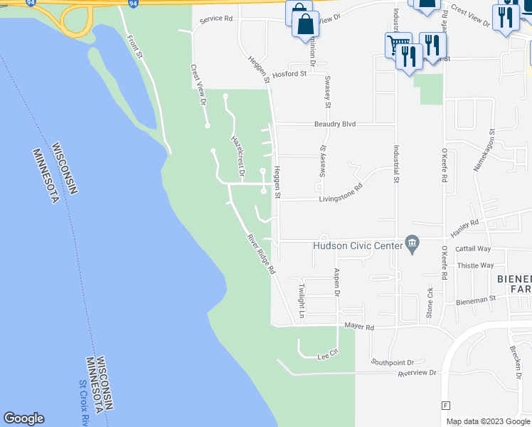 map of restaurants, bars, coffee shops, grocery stores, and more near 1551 Heggen Street in Hudson