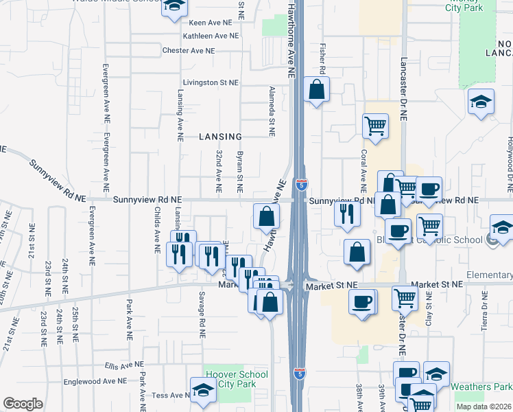 map of restaurants, bars, coffee shops, grocery stores, and more near 3394 Sunnyview Road Northeast in Salem