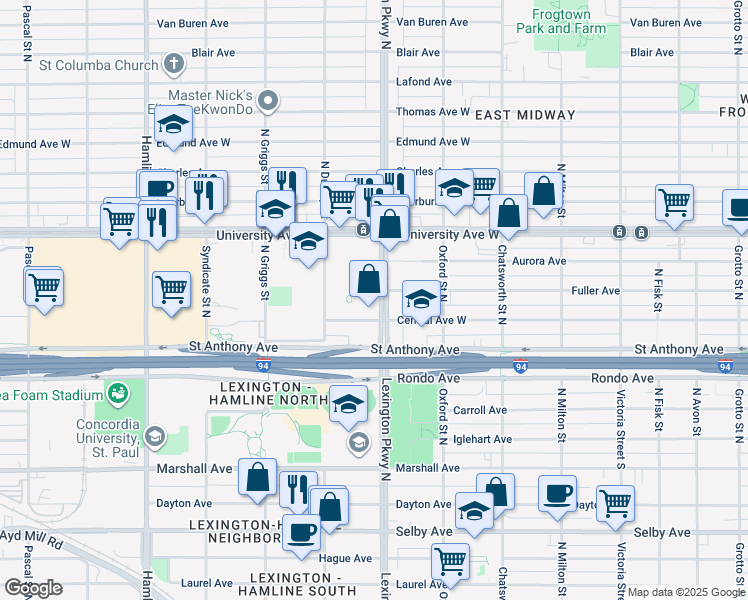 map of restaurants, bars, coffee shops, grocery stores, and more near 411 Lexington Parkway North in Saint Paul