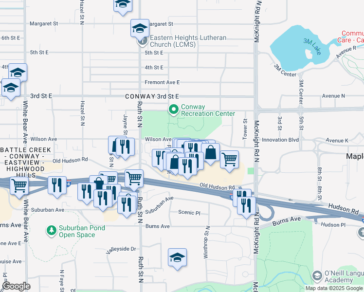 map of restaurants, bars, coffee shops, grocery stores, and more near 2105 Wilson Avenue in Saint Paul