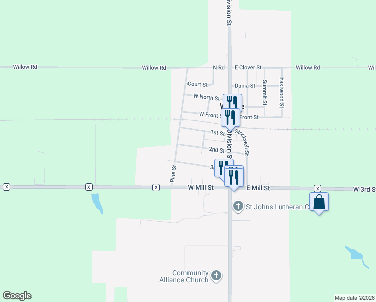 map of restaurants, bars, coffee shops, grocery stores, and more near 409 2nd Street in Withee