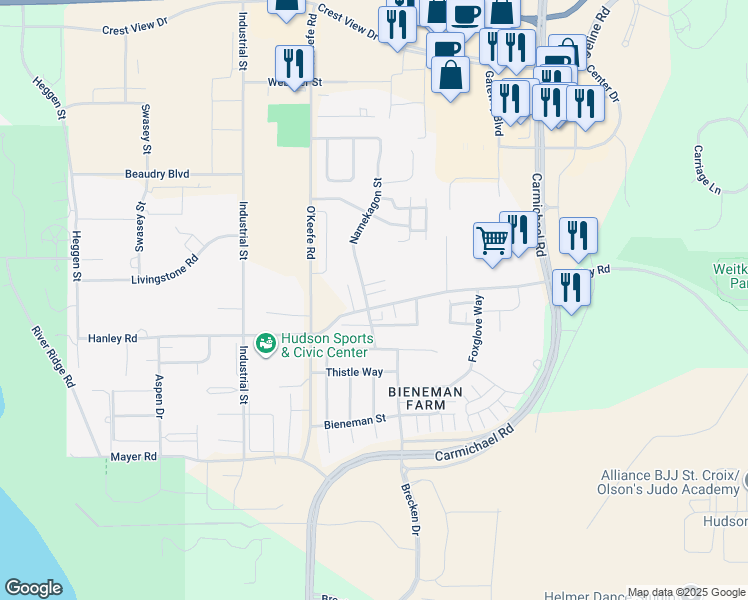 map of restaurants, bars, coffee shops, grocery stores, and more near 2204 Hanley Road in Hudson