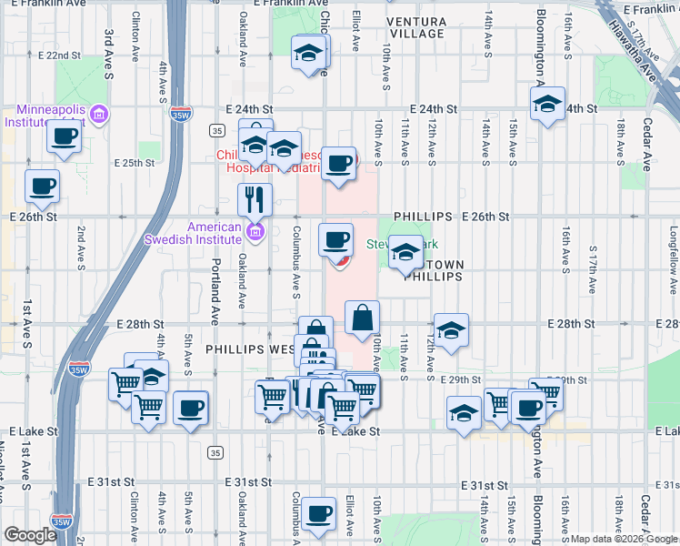 map of restaurants, bars, coffee shops, grocery stores, and more near 810 East 27th Street in Minneapolis
