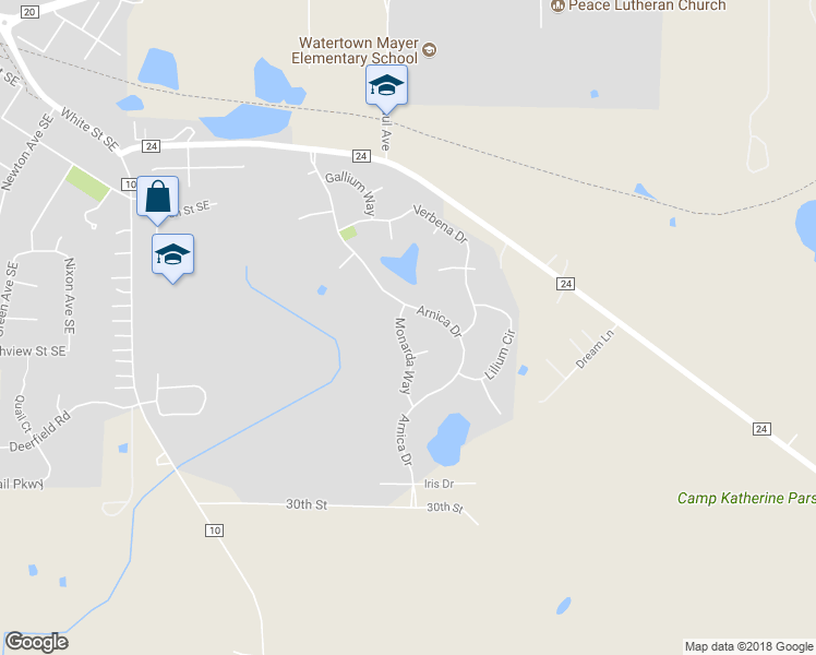 map of restaurants, bars, coffee shops, grocery stores, and more near 304 Monarda Way in Watertown