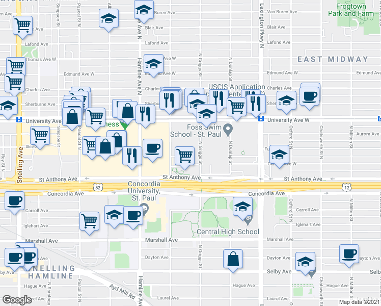 map of restaurants, bars, coffee shops, grocery stores, and more near 415 North Griggs Street in Saint Paul