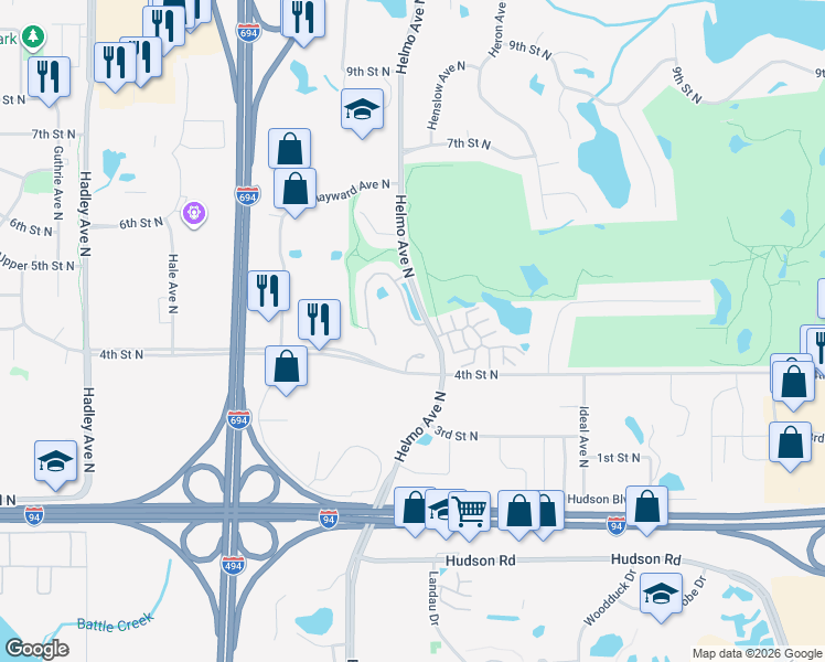 map of restaurants, bars, coffee shops, grocery stores, and more near 7593 5th Street North in Oakdale