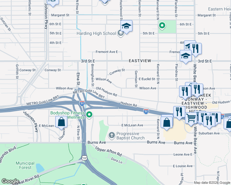 map of restaurants, bars, coffee shops, grocery stores, and more near 1533 Old Hudson Road in Saint Paul